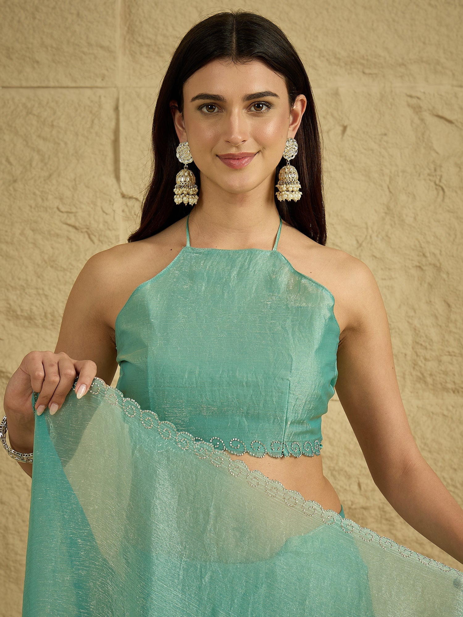 Sea Green Shimmer tissue Saree with Embroidered Border - Ressa