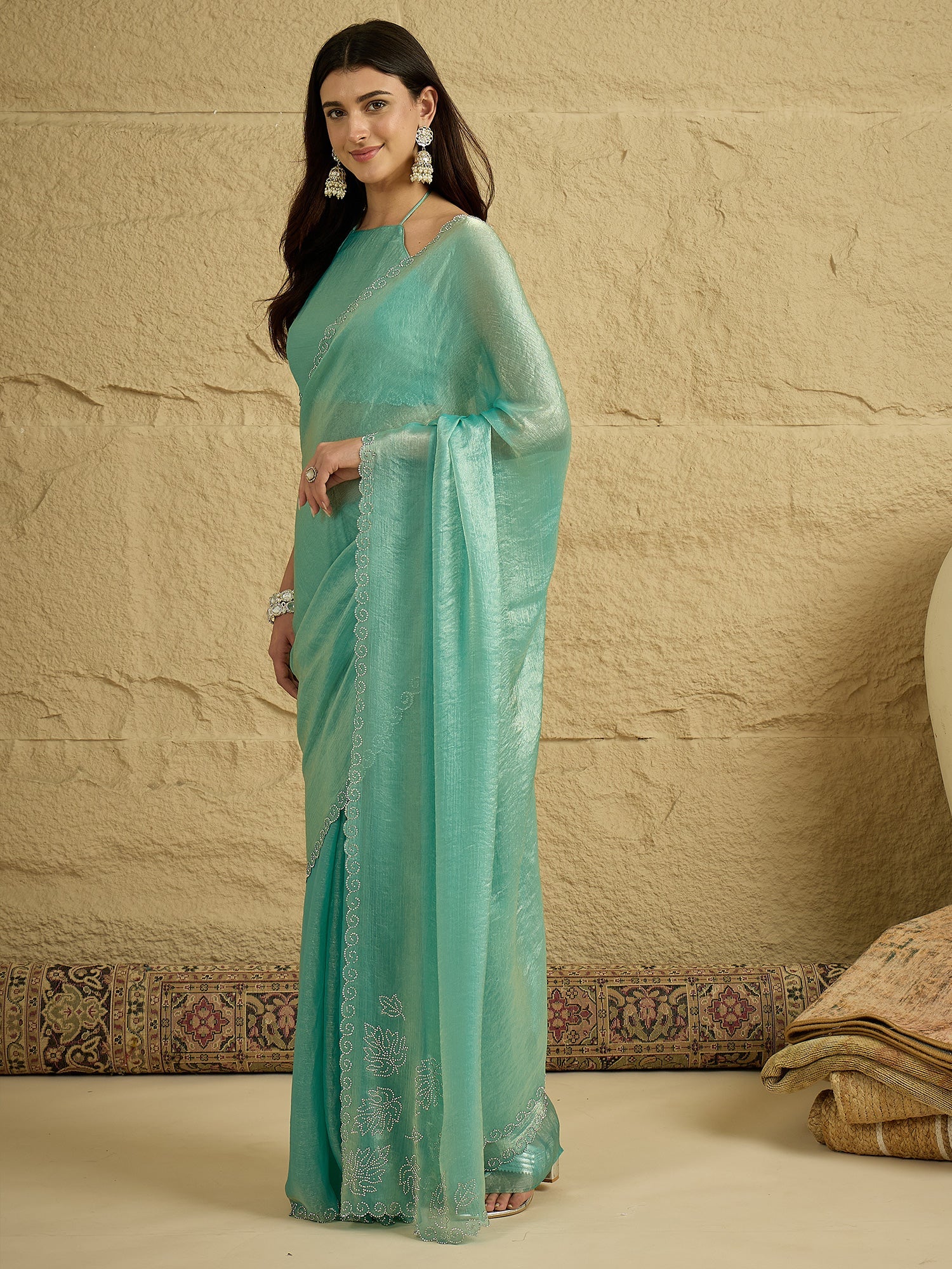 Sea Green Shimmer tissue Saree with Embroidered Border - Ressa