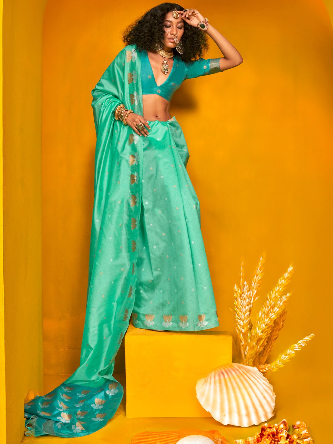 Sea Green Silk Blend With With Golden Zari Bitti Saree - Ressa