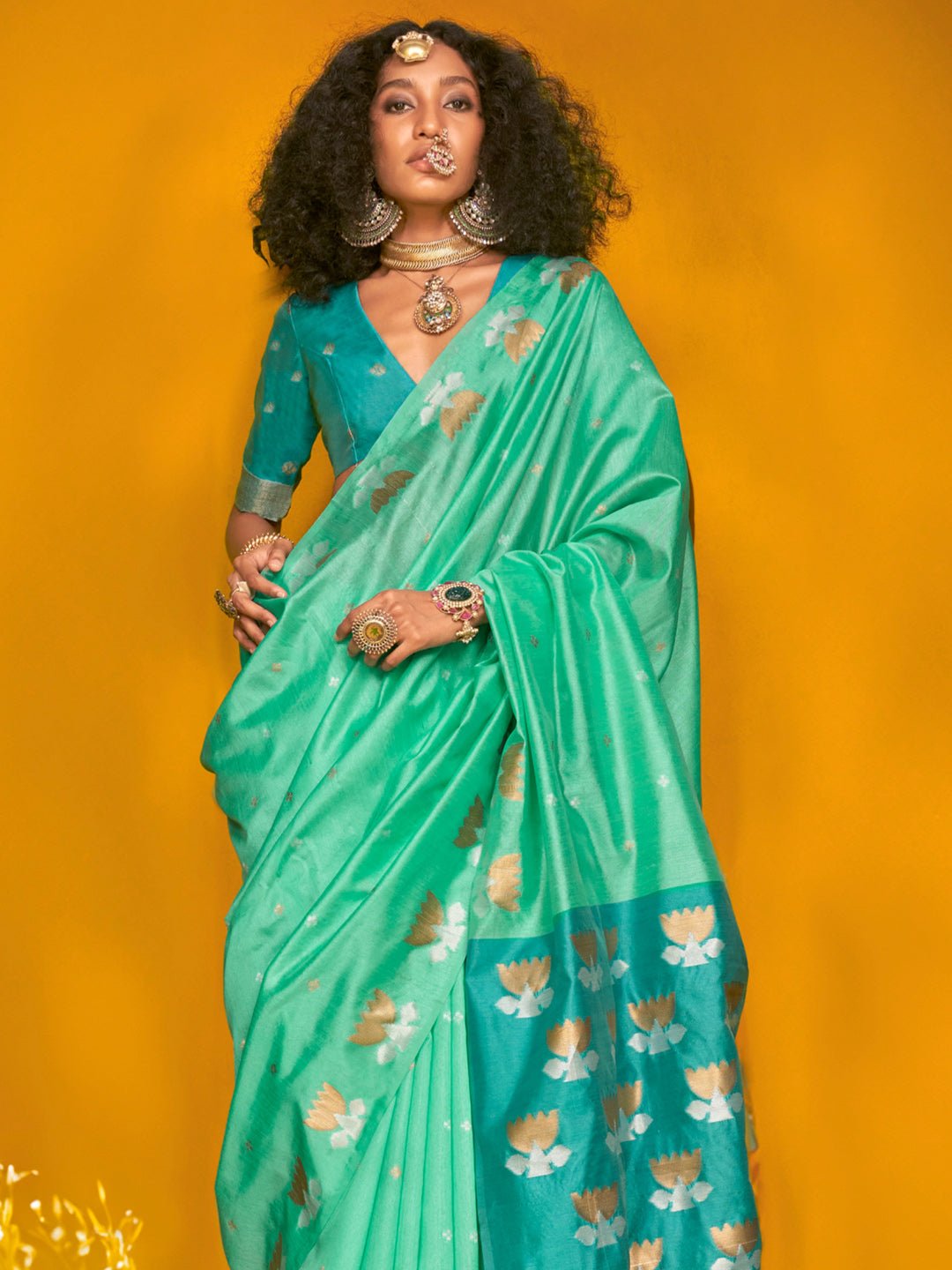 Sea Green Silk Blend With With Golden Zari Bitti Saree - Ressa