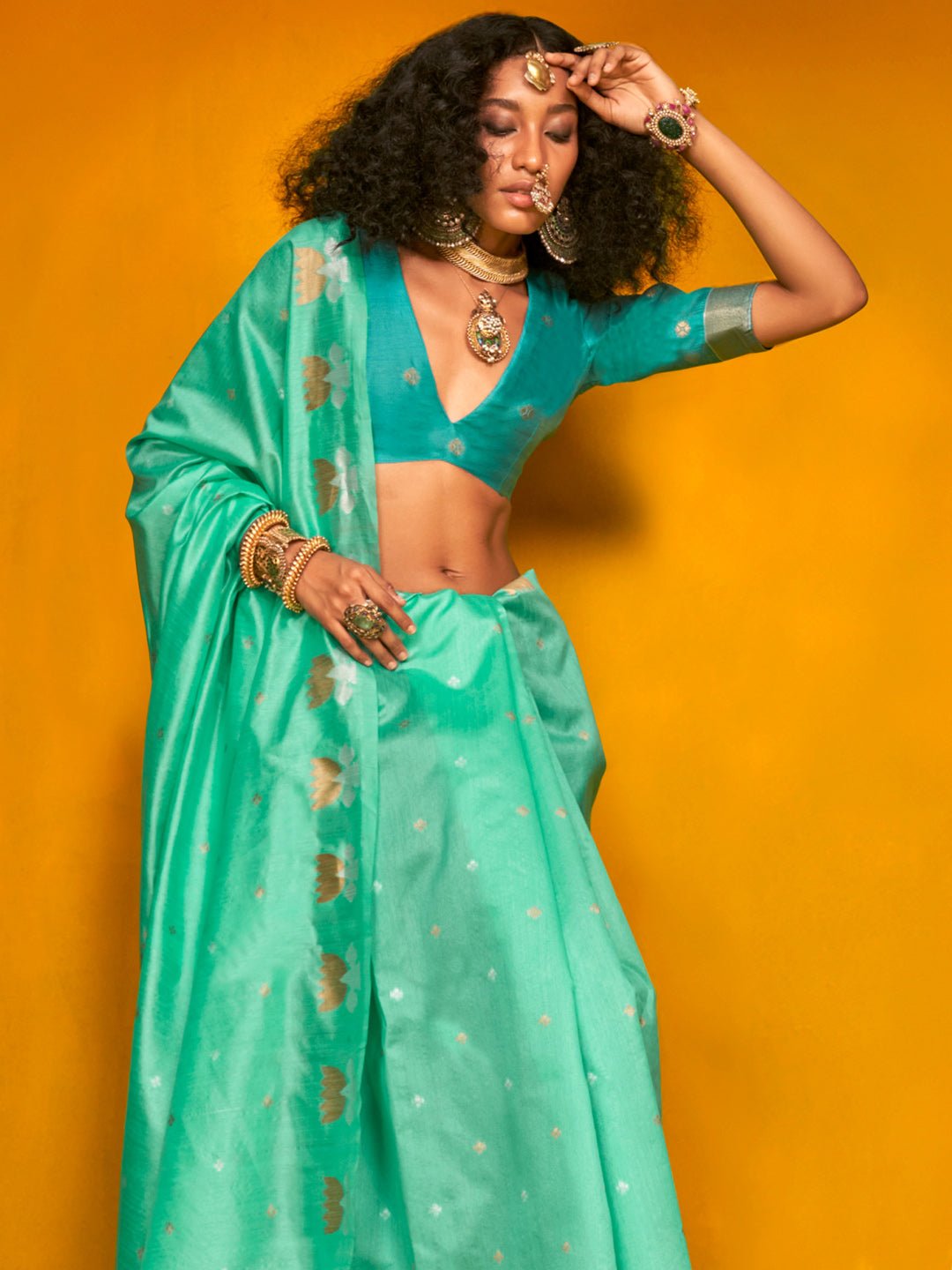 Sea Green Silk Blend With With Golden Zari Bitti Saree - Ressa