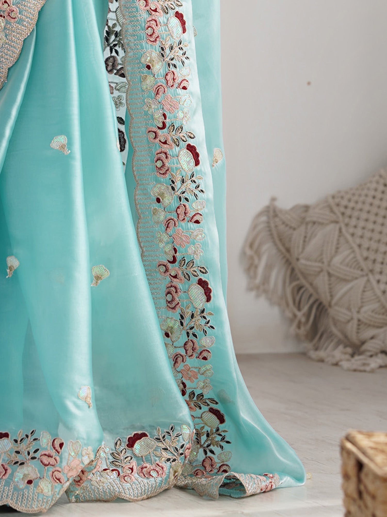 Sea Green Tissue Silk Embroidery Saree - Ressa