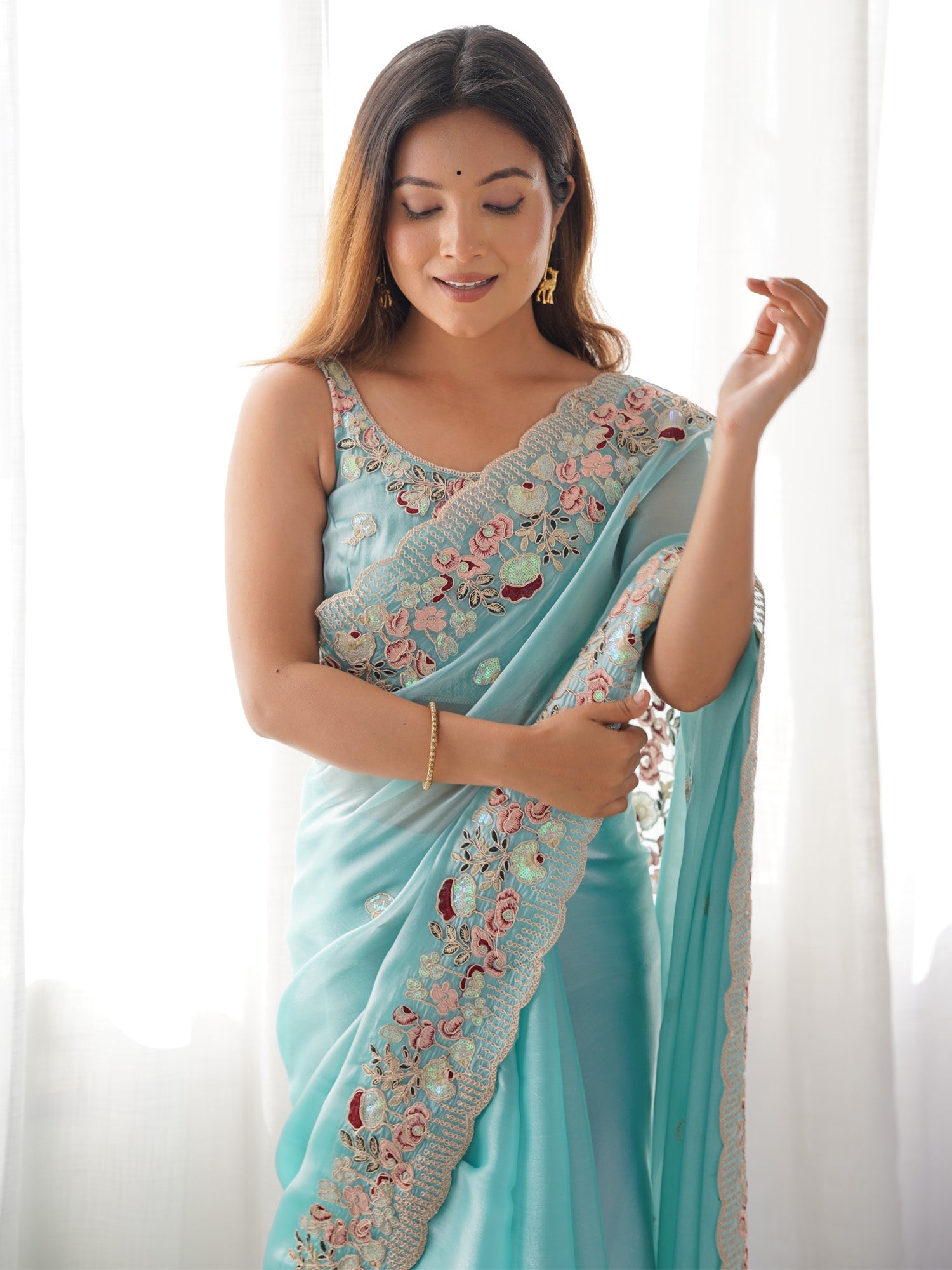 Sea Green Tissue Silk Embroidery Saree - Ressa