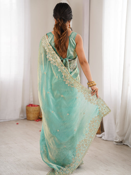 Sea Green Tissue Silk Saree with Embroidered Border - Ressa