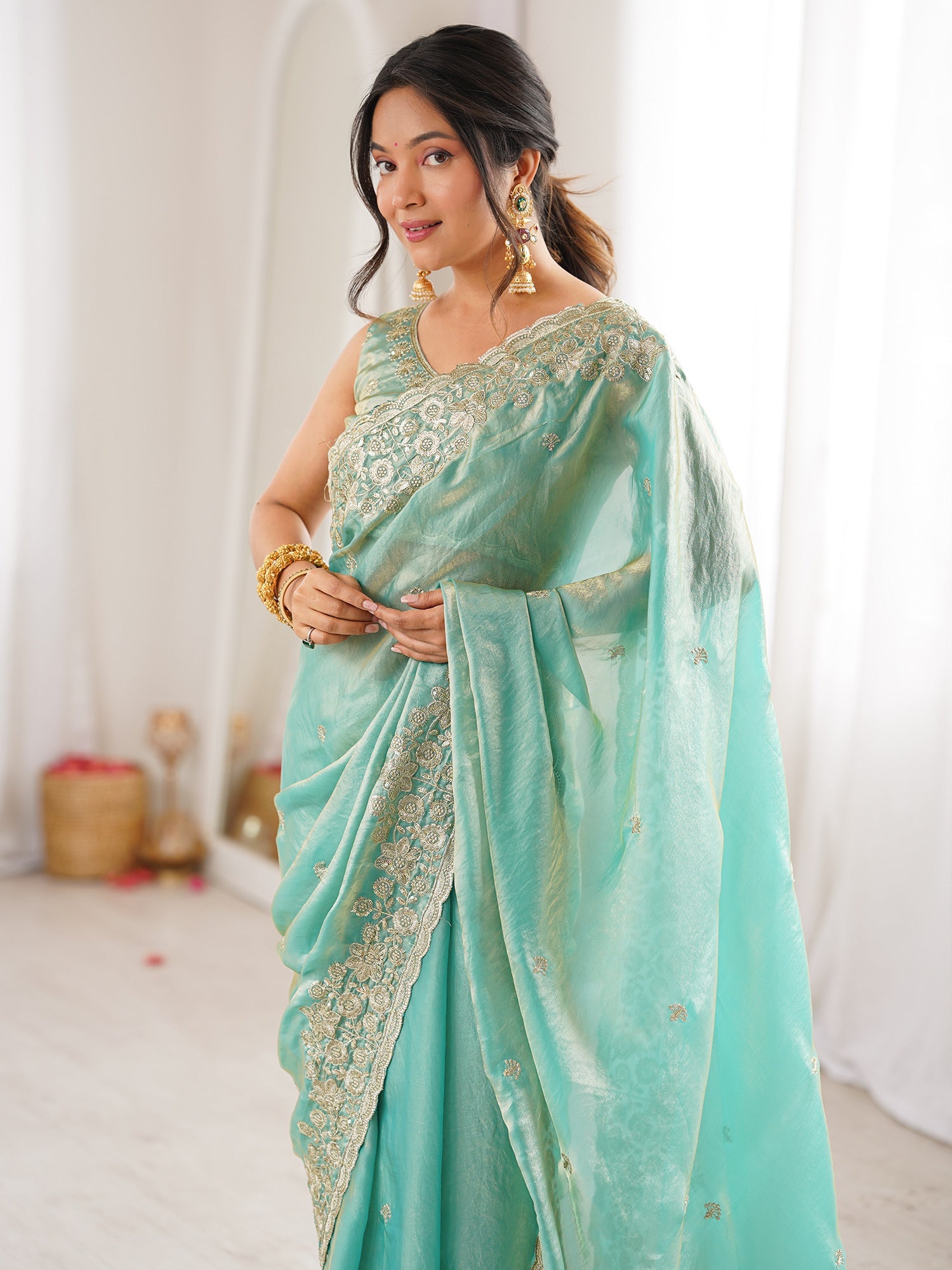 Sea Green Tissue Silk Saree with Embroidered Border - Ressa