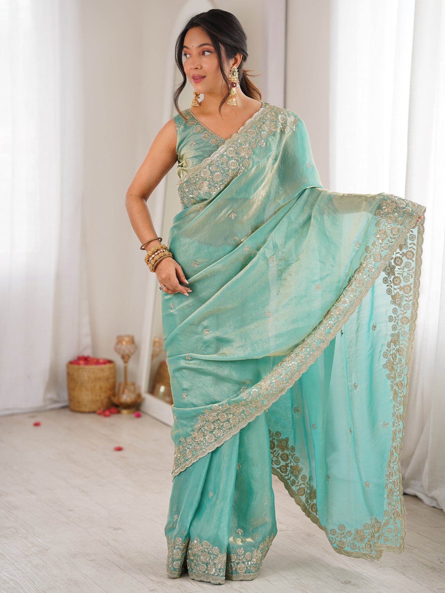 Sea Green Tissue Silk Saree with Embroidered Border - Ressa