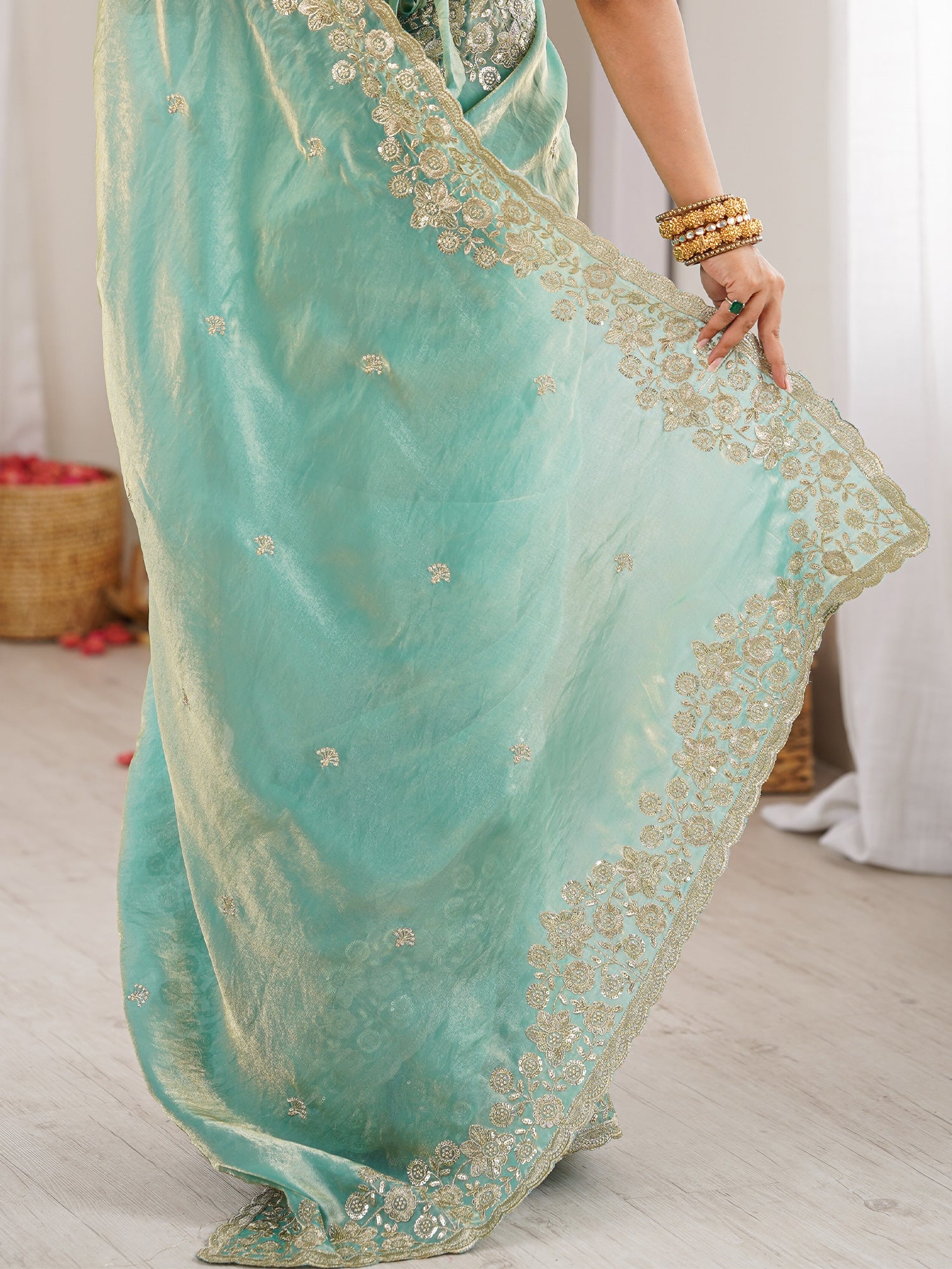 Sea Green Tissue Silk Saree with Embroidered Border - Ressa