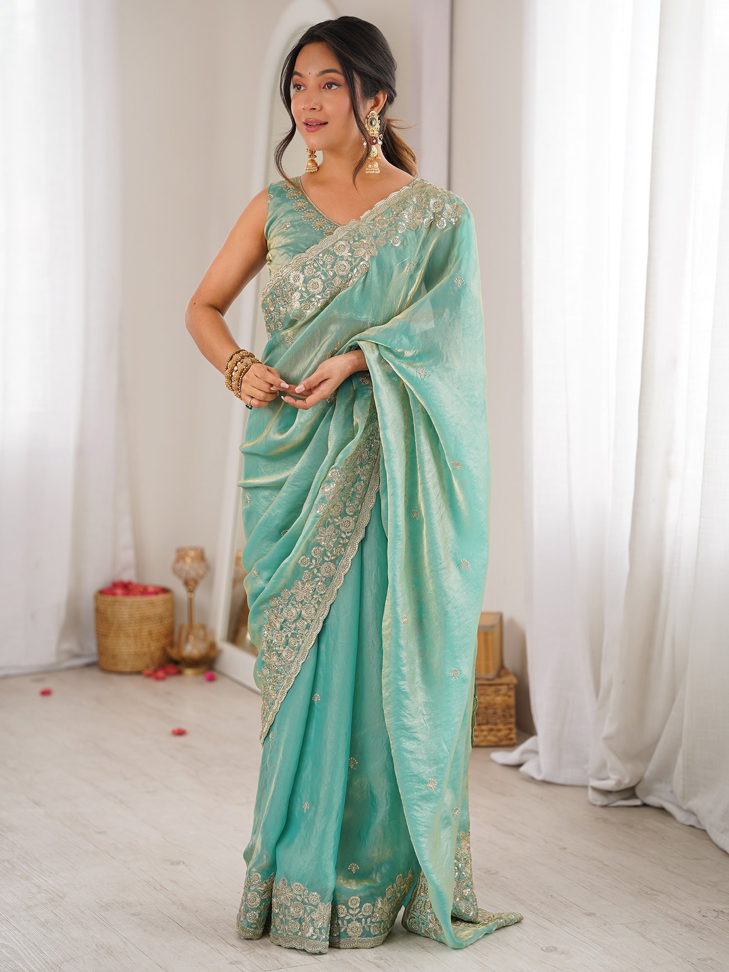 Sea Green Tissue Silk Saree with Embroidered Border - Ressa