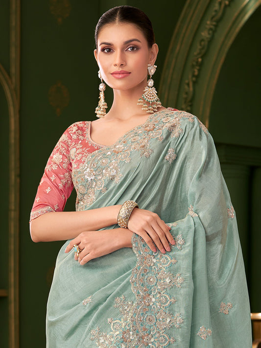 Sea Green Tissue Silk Saree with Scalloped Border - Ressa