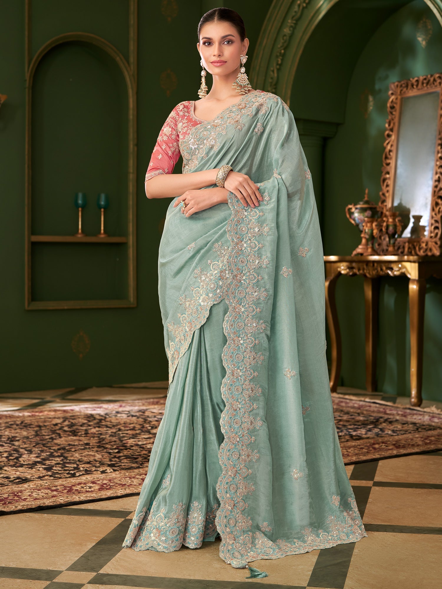 Sea Green Tissue Silk Saree with Scalloped Border - Ressa