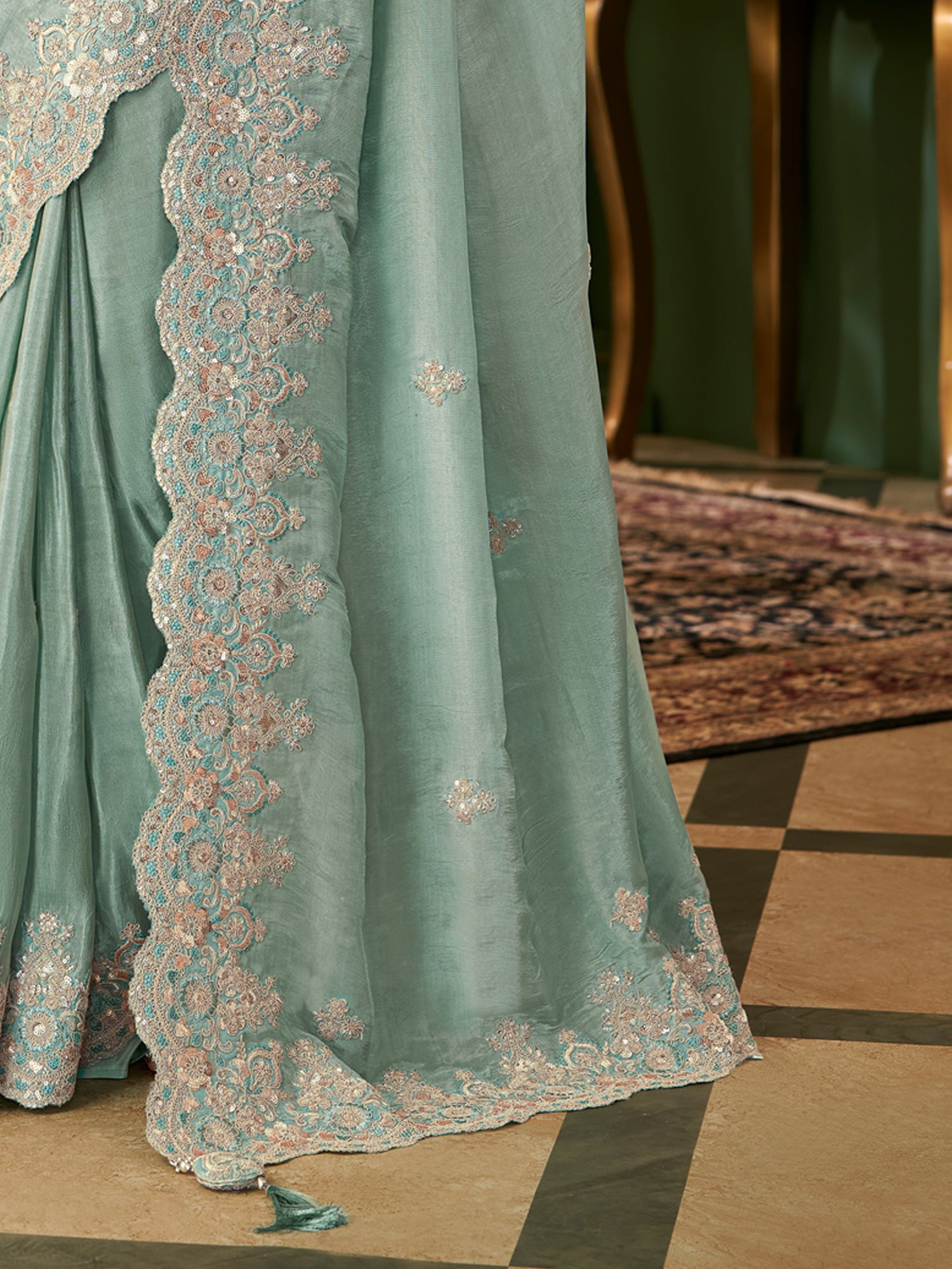 Sea Green Tissue Silk Saree with Scalloped Border - Ressa
