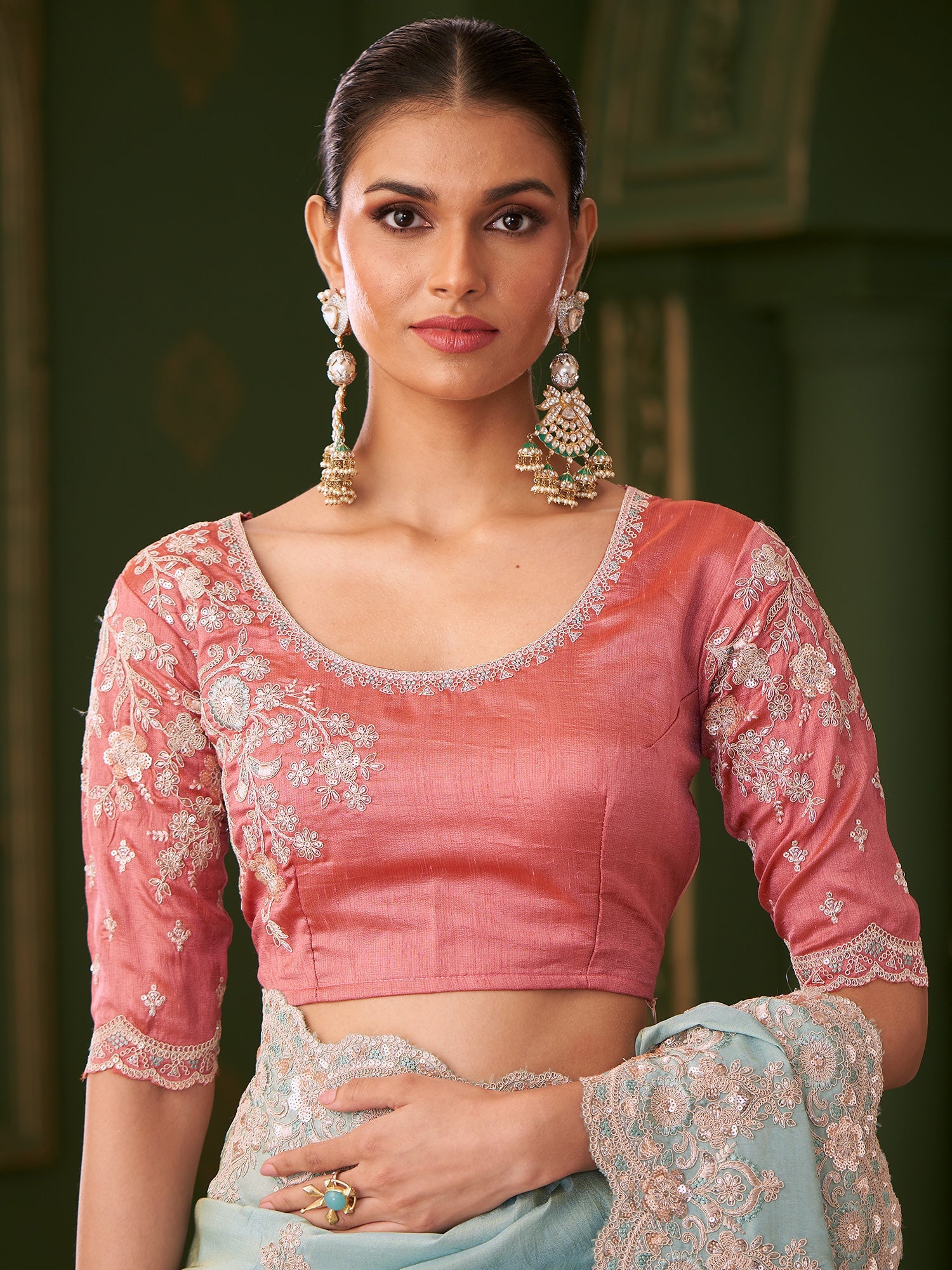 Sea Green Tissue Silk Saree with Scalloped Border - Ressa