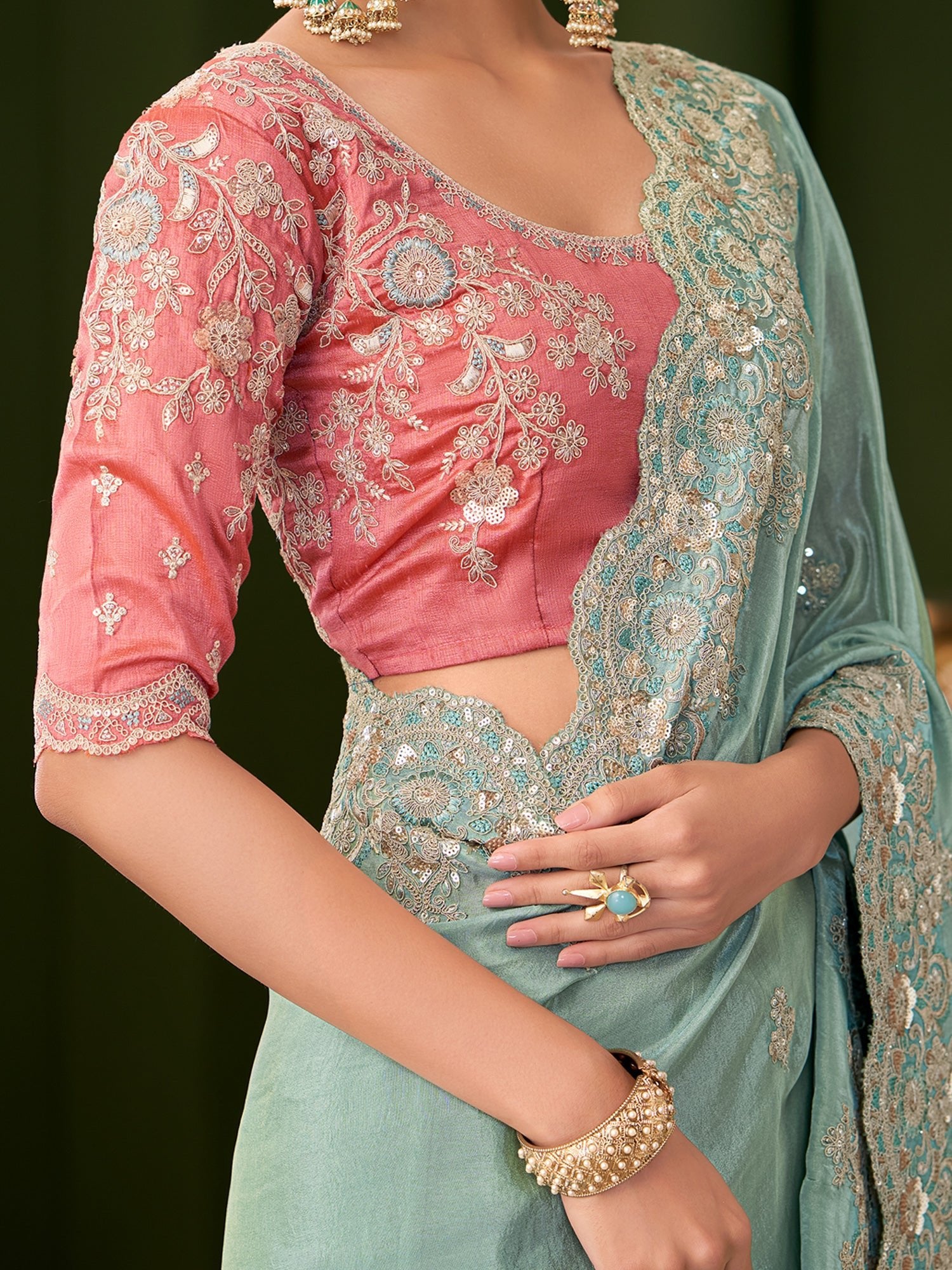 Sea Green Tissue Silk Saree with Scalloped Border - Ressa