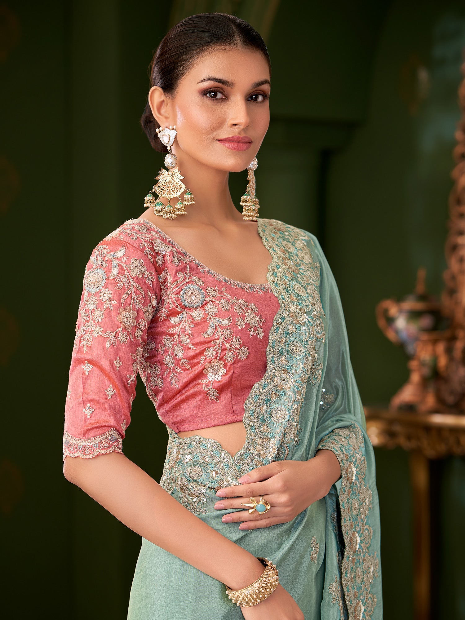 Sea Green Tissue Silk Saree with Scalloped Border - Ressa