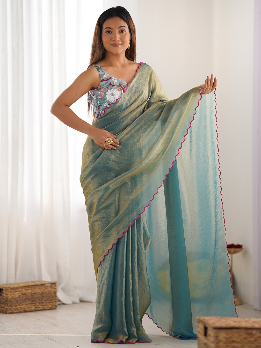 Sea Green Tissue Silk Scalloped Border Designer Blouse Saree - Ressa