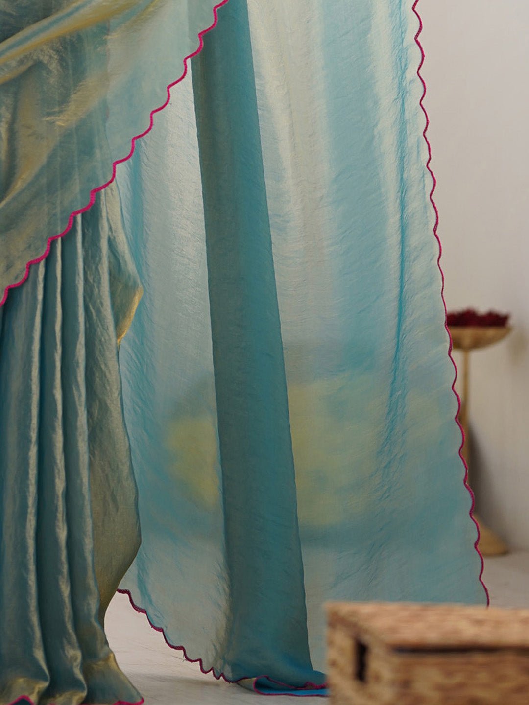 Sea Green Tissue Silk Scalloped Border Designer Blouse Saree - Ressa