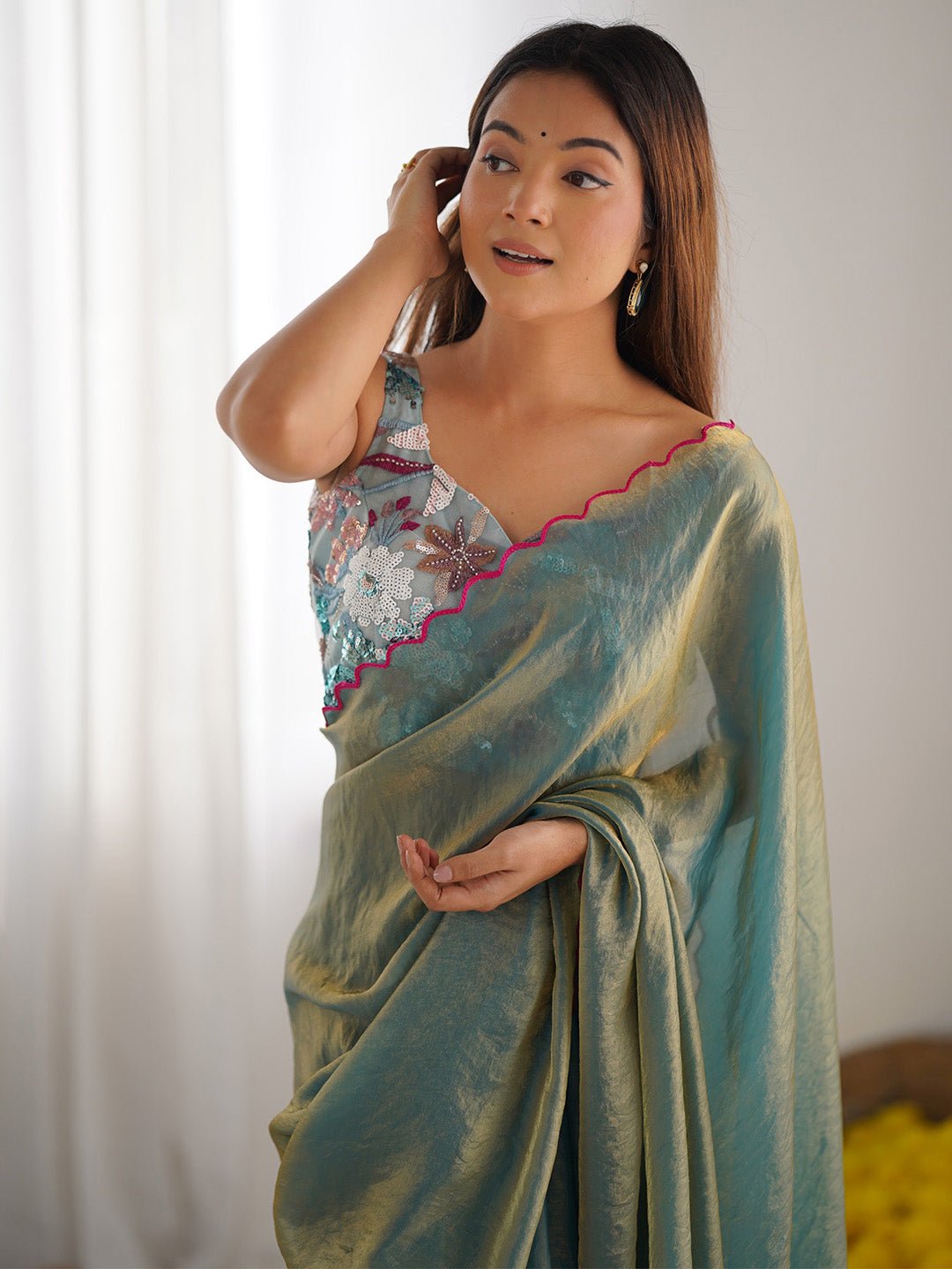 Sea Green Tissue Silk Scalloped Border Designer Blouse Saree - Ressa