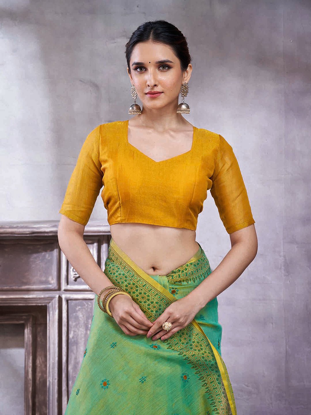Seafoam Green & Mustard Silk Blend Saree - Ressa