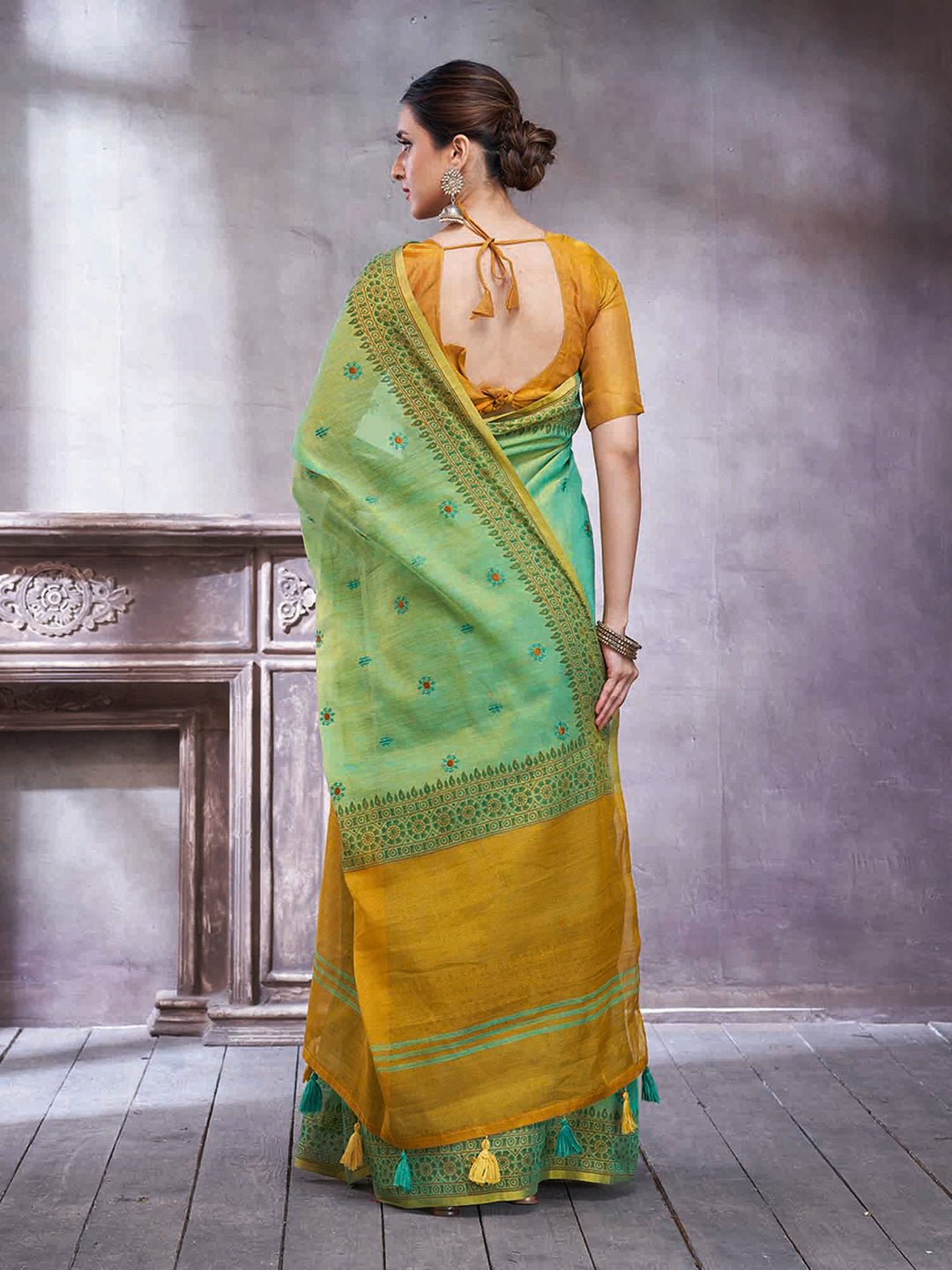 Seafoam Green & Mustard Silk Blend Saree - Ressa