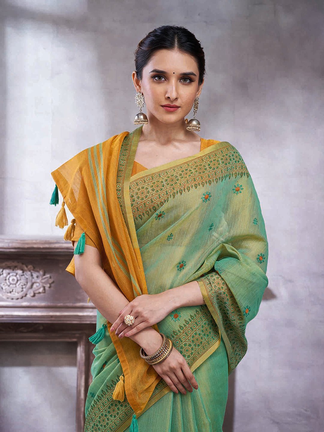 Seafoam Green & Mustard Silk Blend Saree - Ressa