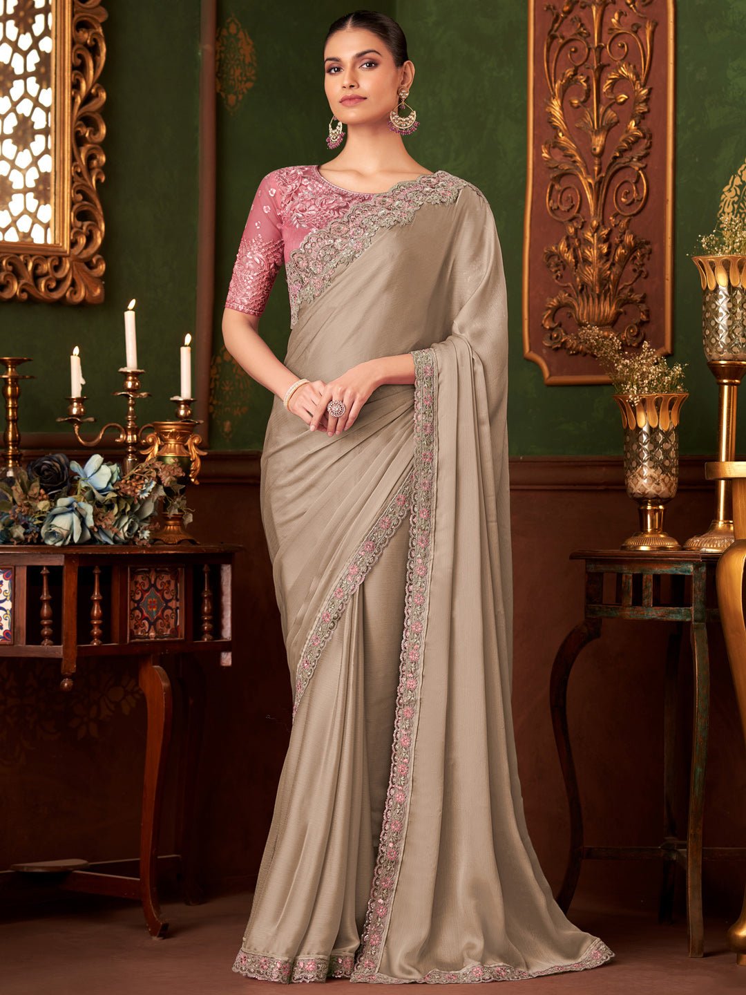 Sequinned Royal Beige Chiffon Saree - Ressa