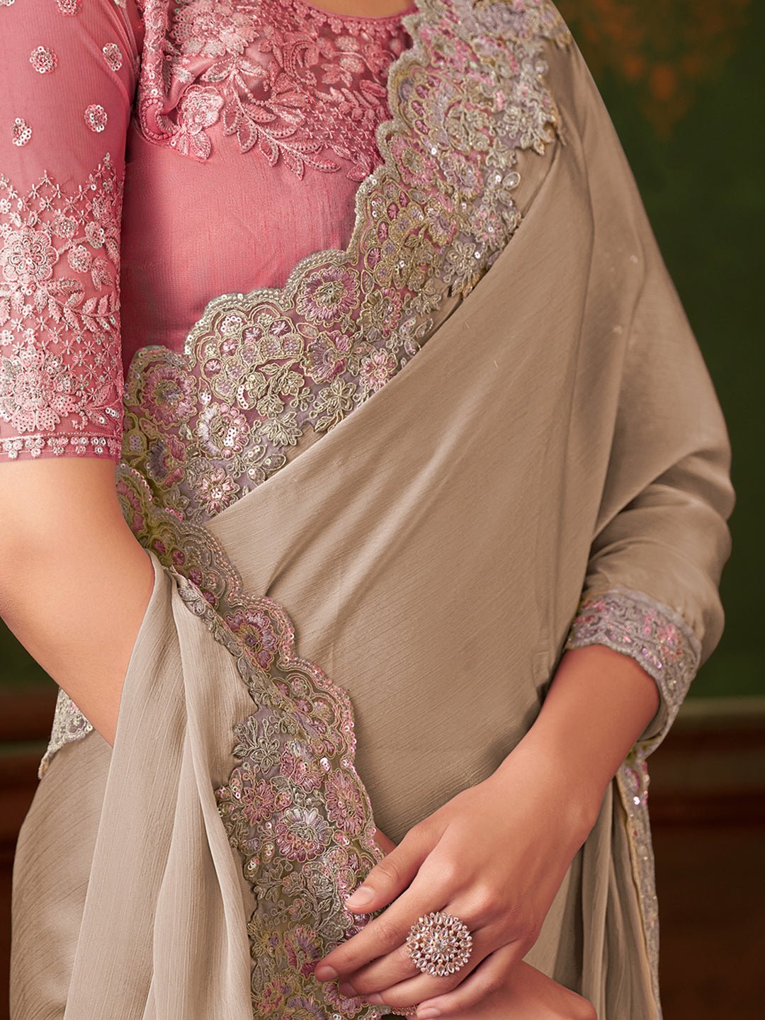 Sequinned Royal Beige Chiffon Saree - Ressa