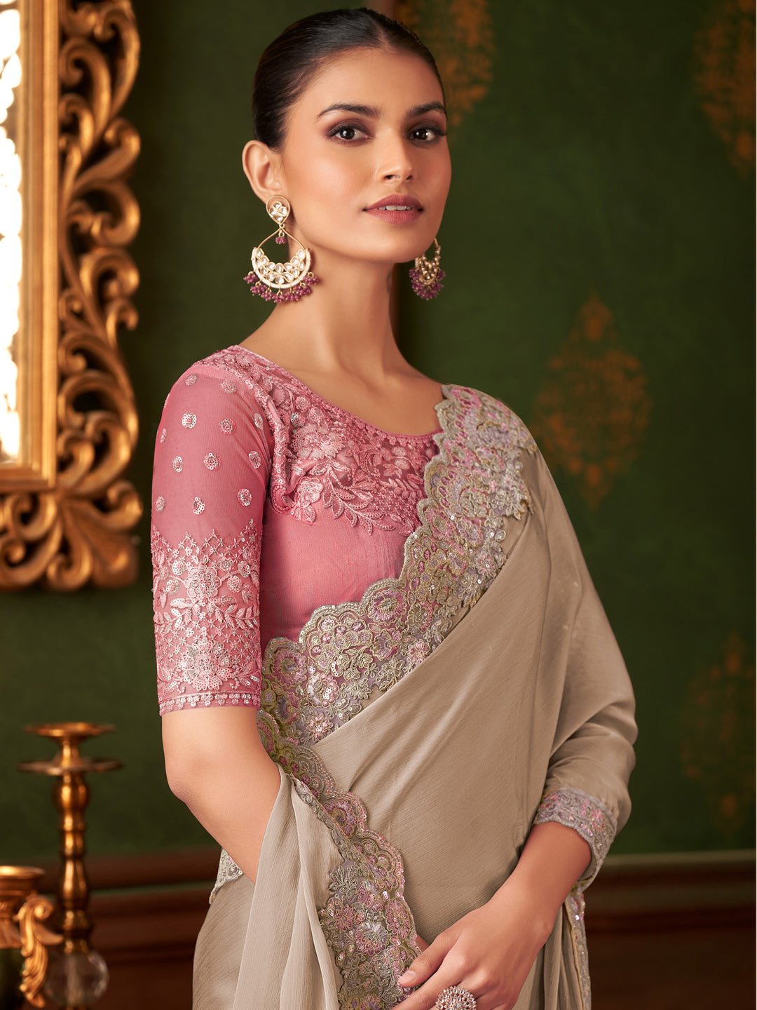 Sequinned Royal Beige Chiffon Saree - Ressa