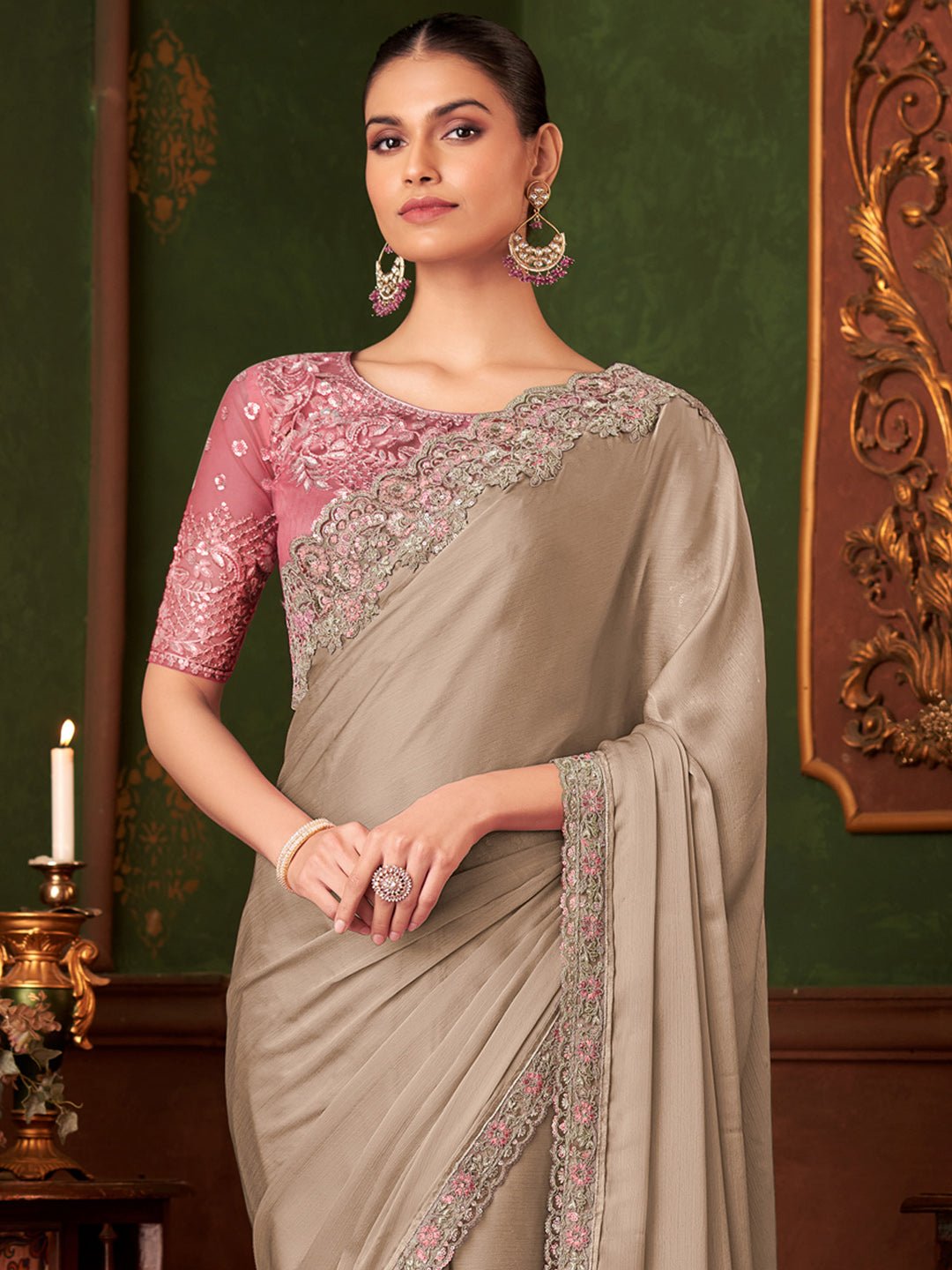 Sequinned Royal Beige Chiffon Saree - Ressa