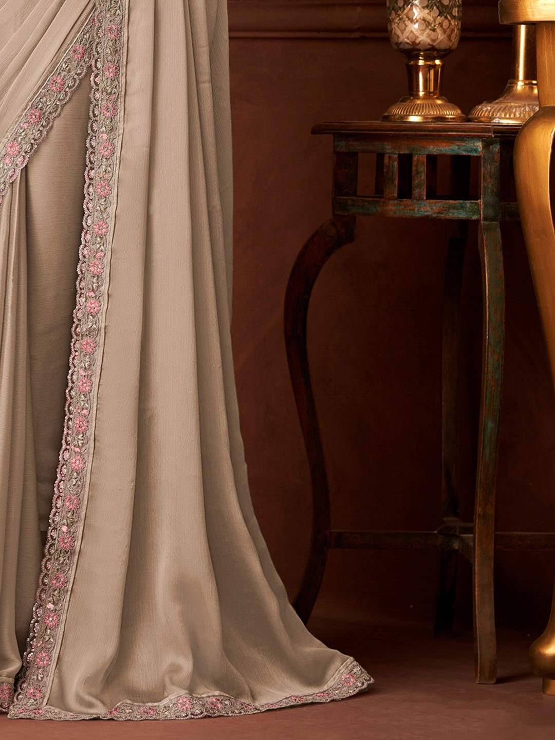 Sequinned Royal Beige Chiffon Saree - Ressa