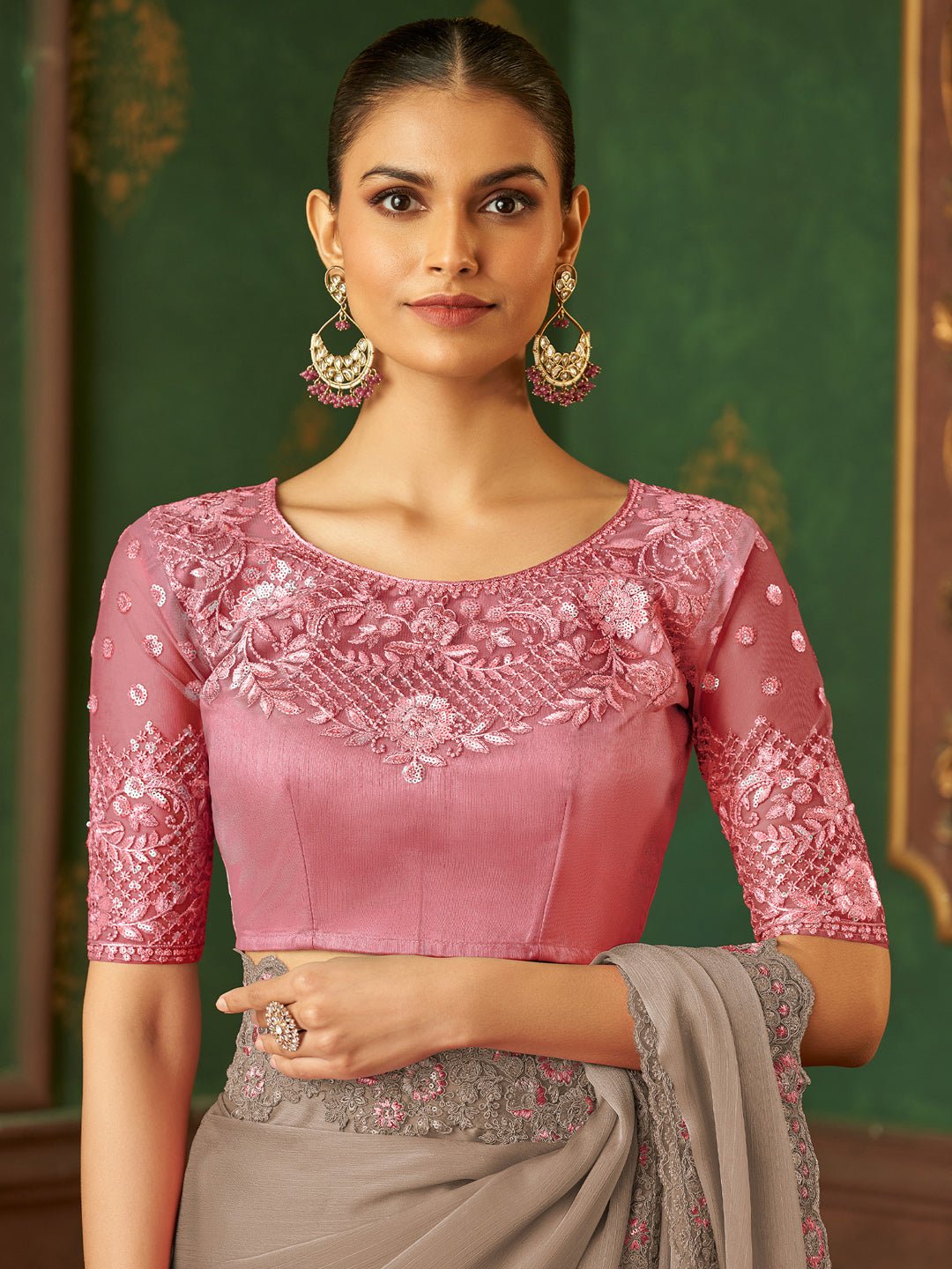 Sequinned Royal Beige Chiffon Saree - Ressa