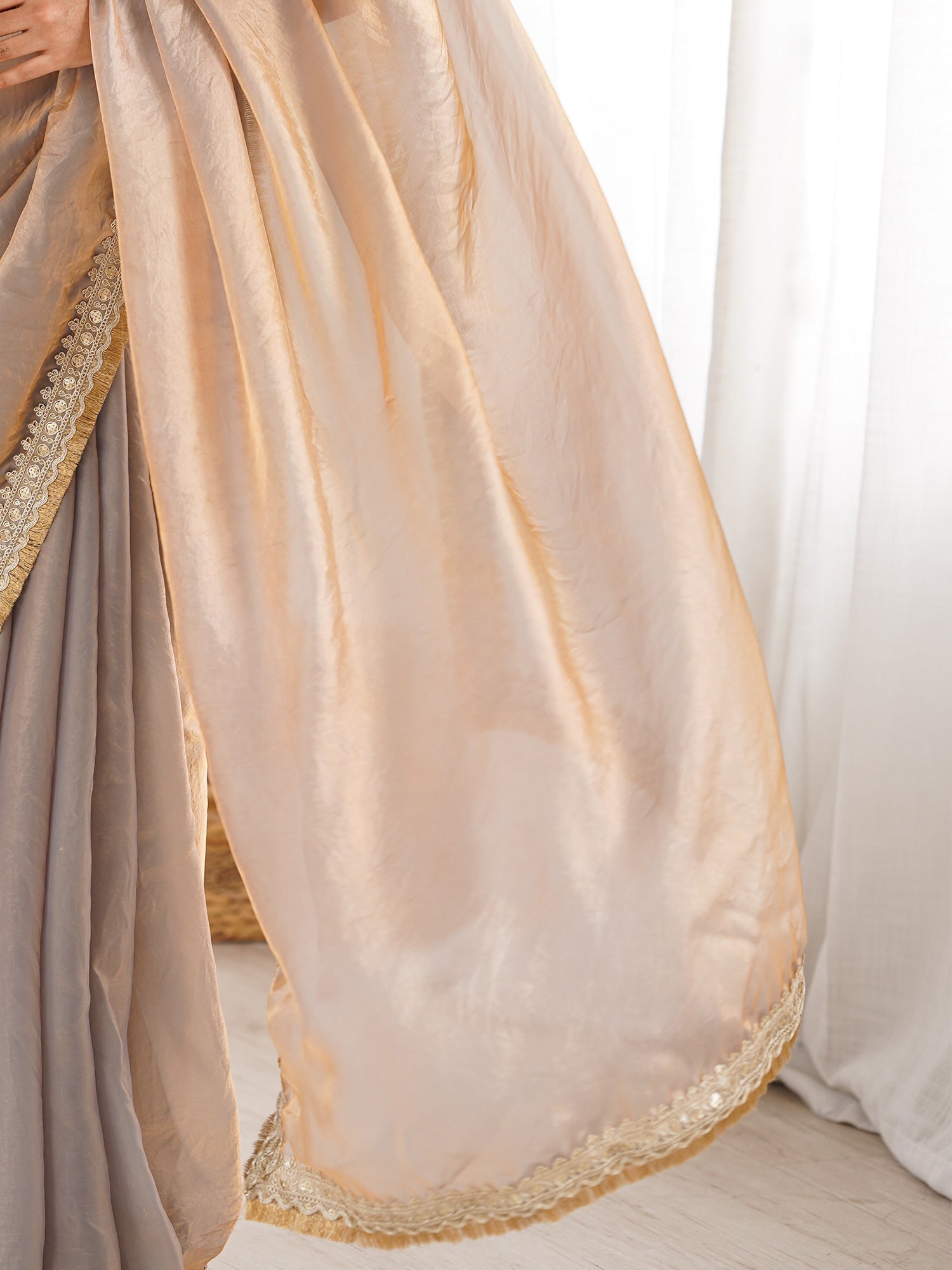 Shimmering Champagne Organza Saree with Mirror Lace - Ressa