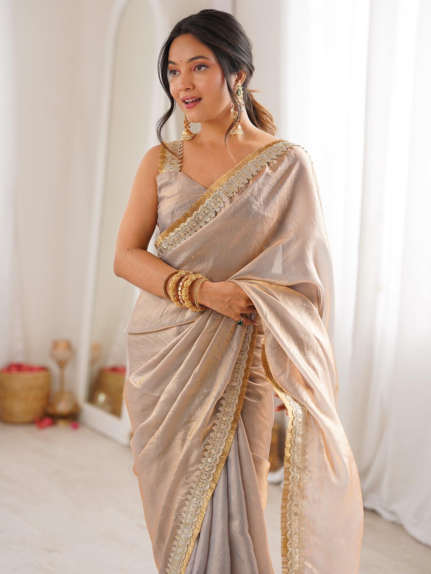 Shimmering Champagne Organza Saree with Mirror Lace - Ressa