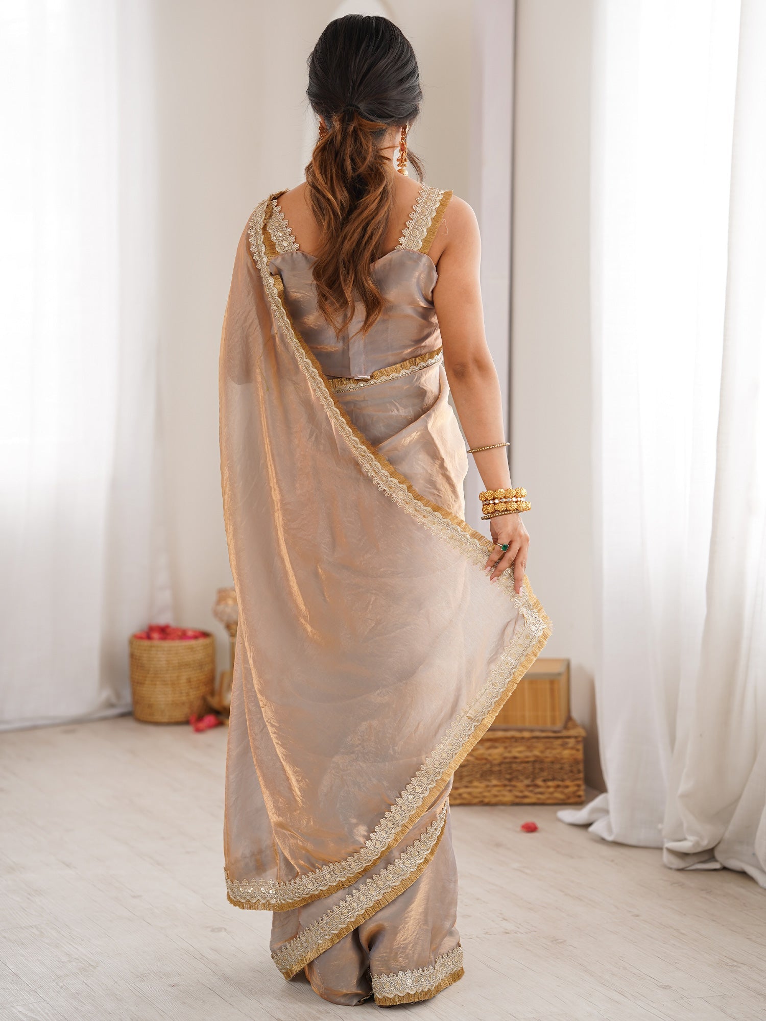 Shimmering Champagne Organza Saree with Mirror Lace - Ressa