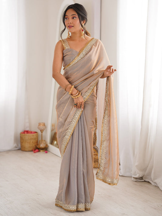 Shimmering Champagne Organza Saree with Mirror Lace - Ressa