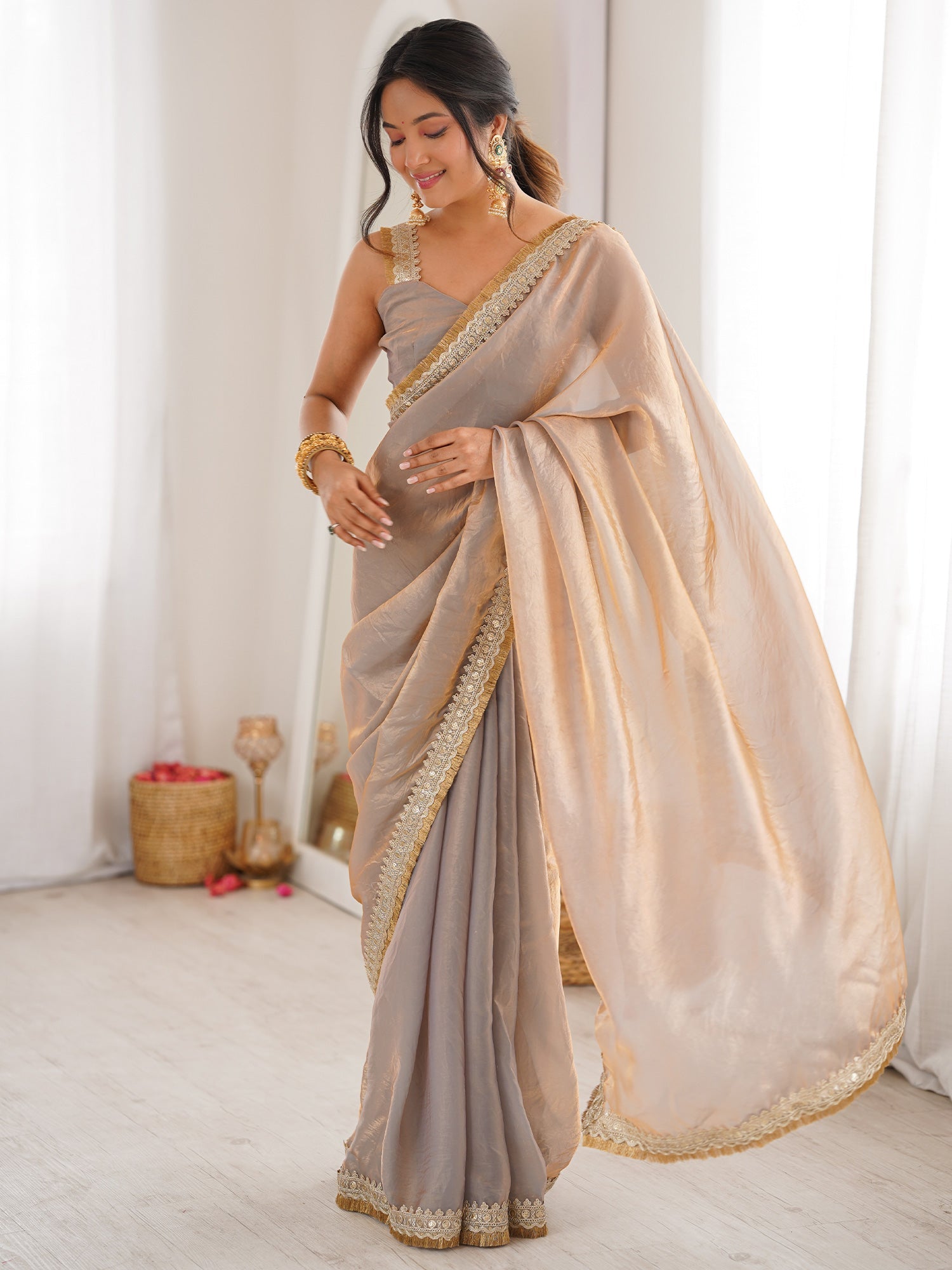 Shimmering Champagne Organza Saree with Mirror Lace - Ressa