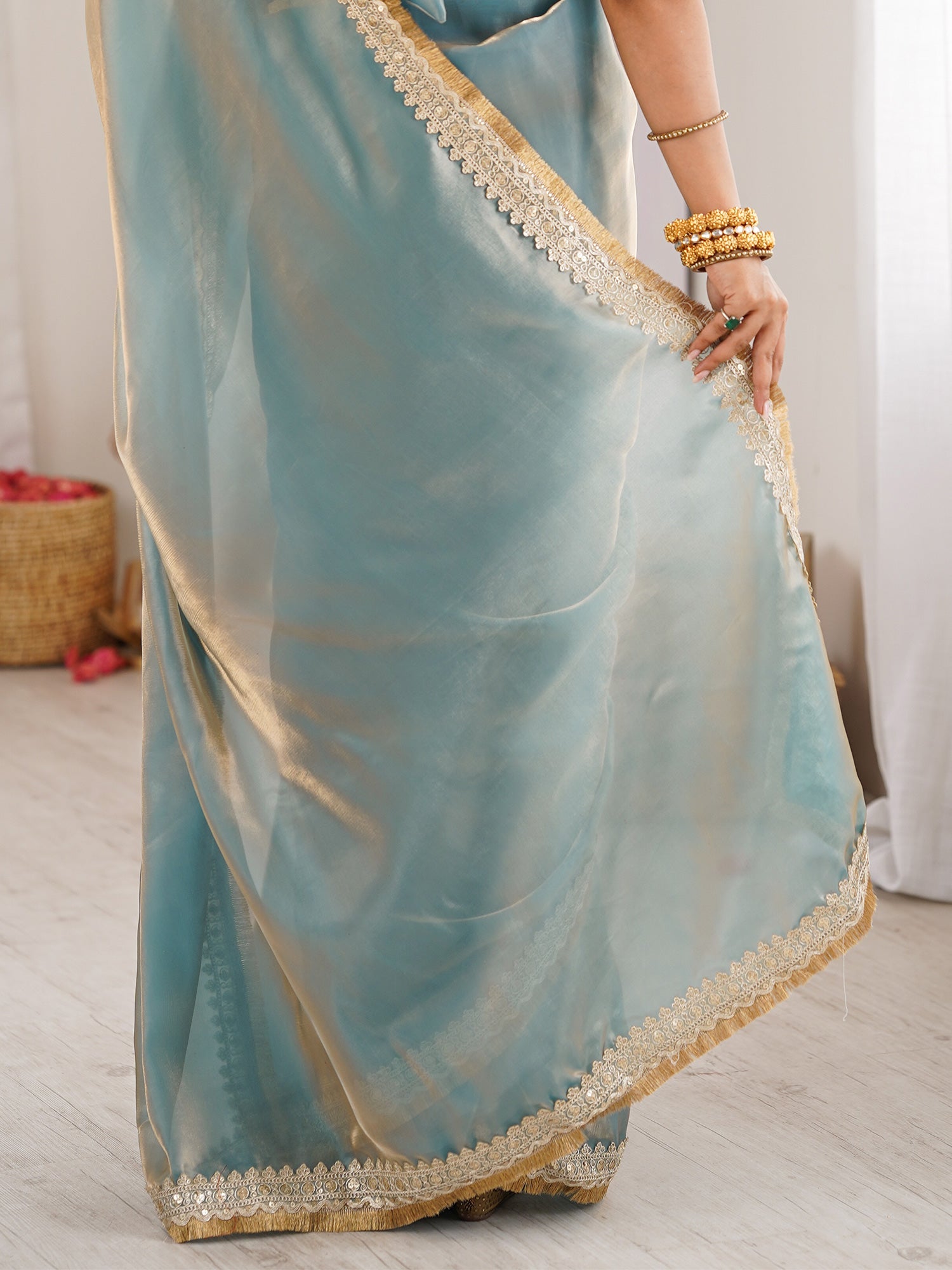 Shimmering Sky Blue Organza Saree with Mirror Lace - Ressa