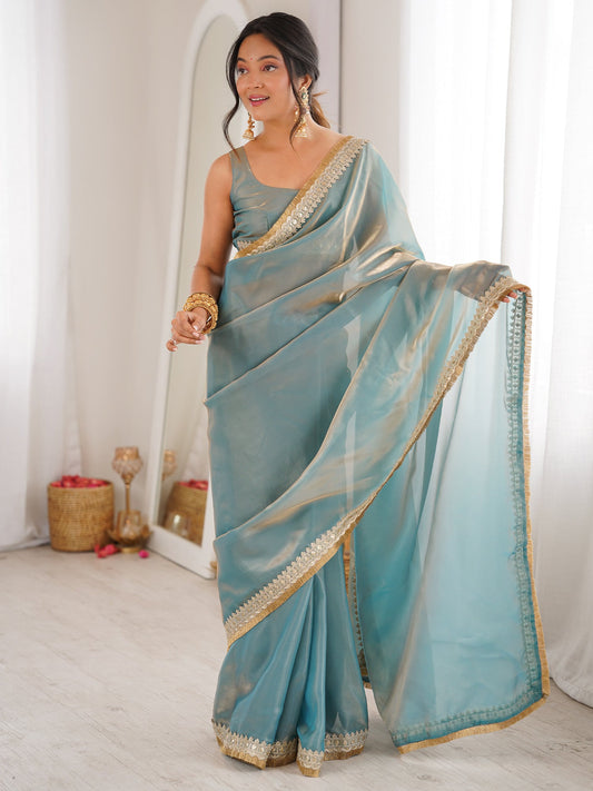 Shimmering Sky Blue Organza Saree with Mirror Lace - Ressa