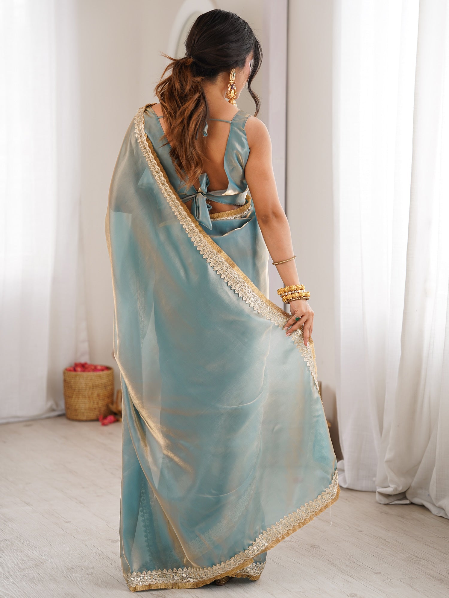 Shimmering Sky Blue Organza Saree with Mirror Lace - Ressa