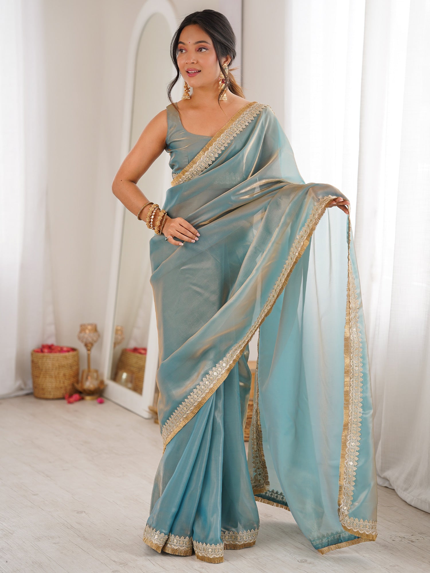 Shimmering Sky Blue Organza Saree with Mirror Lace - Ressa