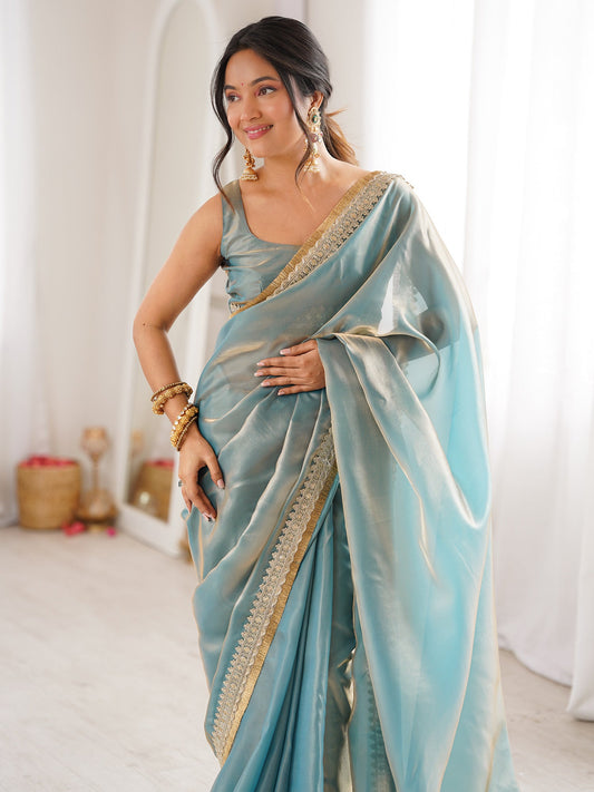 Shimmering Sky Blue Organza Saree with Mirror Lace - Ressa