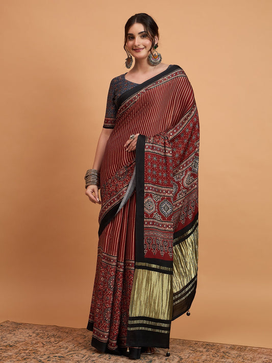 Silk Blend Heritage Ajrakh & Patola Style Digital Printed Saree - Ressa