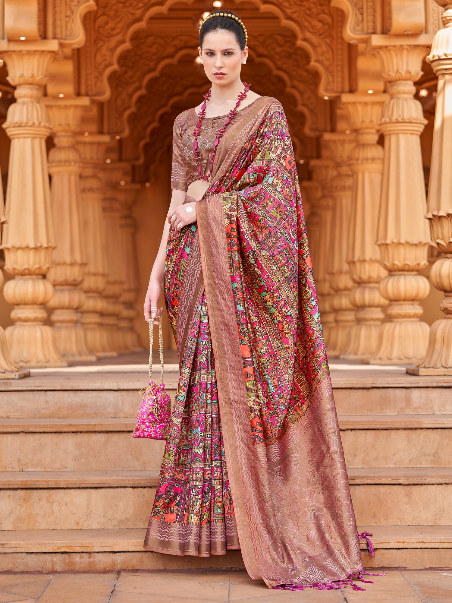 Silk Blend Heritage Banarasi Style Floral Print Saree - Ressa