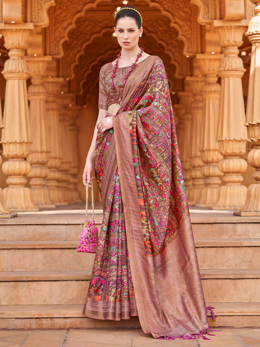 Silk Blend Heritage Banarasi Style Floral Print Saree - Ressa