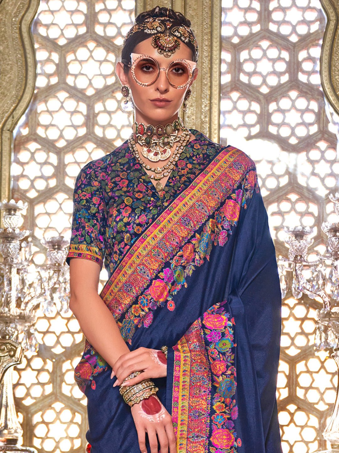 Silk Blend Heritage Banarasi Style Floral Print Saree - Ressa