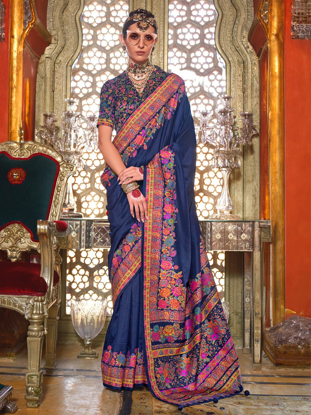 Silk Blend Heritage Banarasi Style Floral Print Saree - Ressa