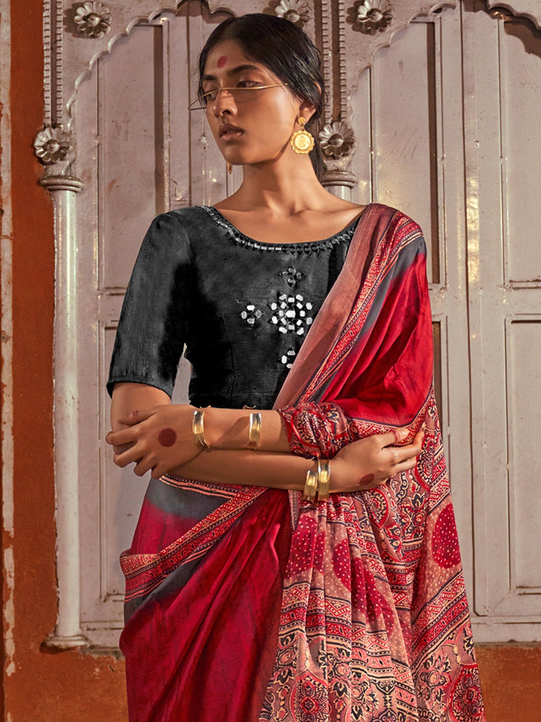 Silk Blend Heritage Floral Print Zari Woven Border saree - Ressa
