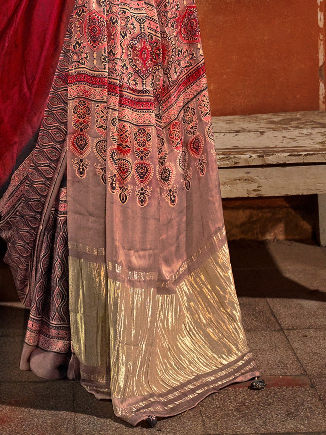 Silk Blend Heritage Floral Print Zari Woven Border saree - Ressa