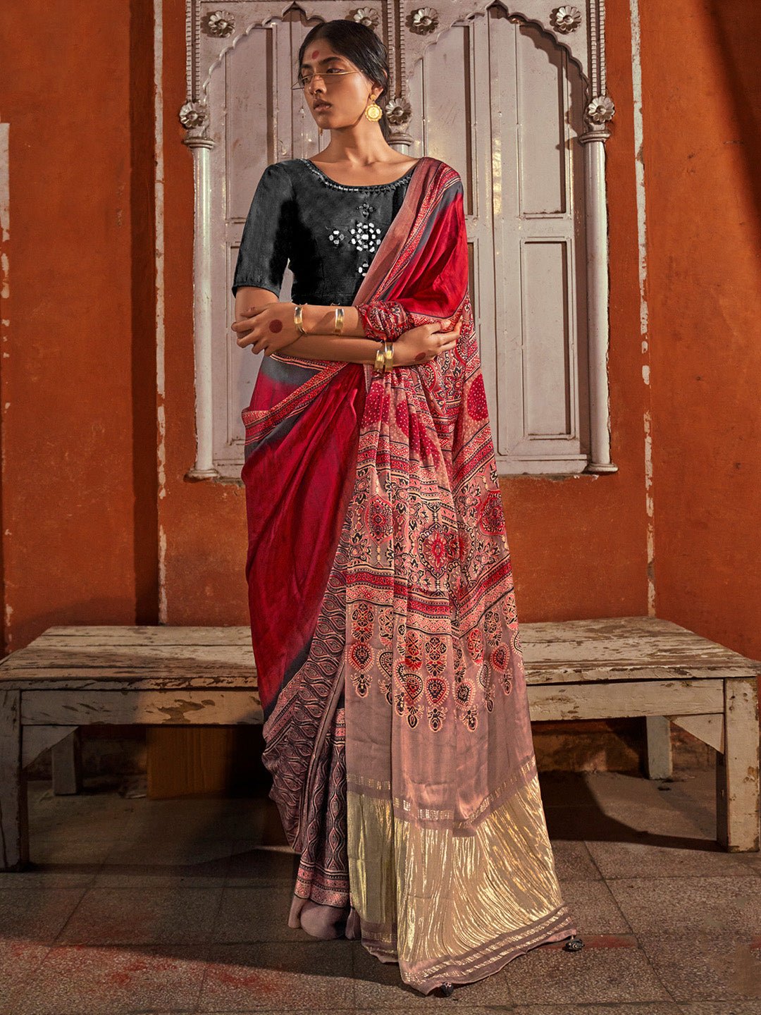 Silk Blend Heritage Floral Print Zari Woven Border saree - Ressa