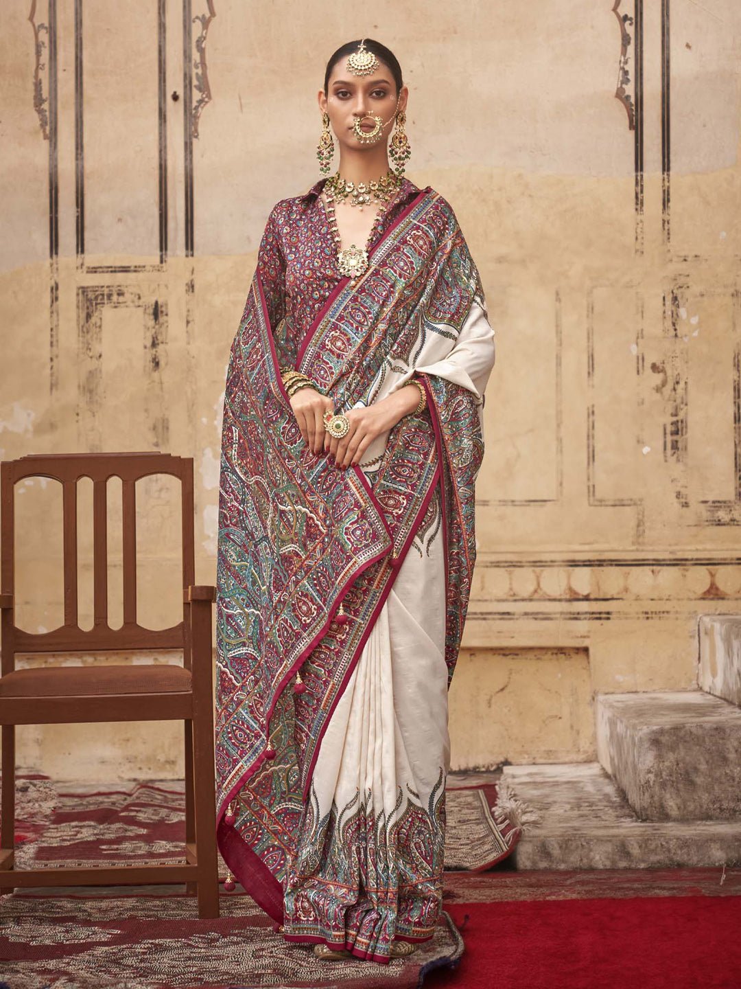 Silk Blend Off White Wedding Wear Saree - Ressa