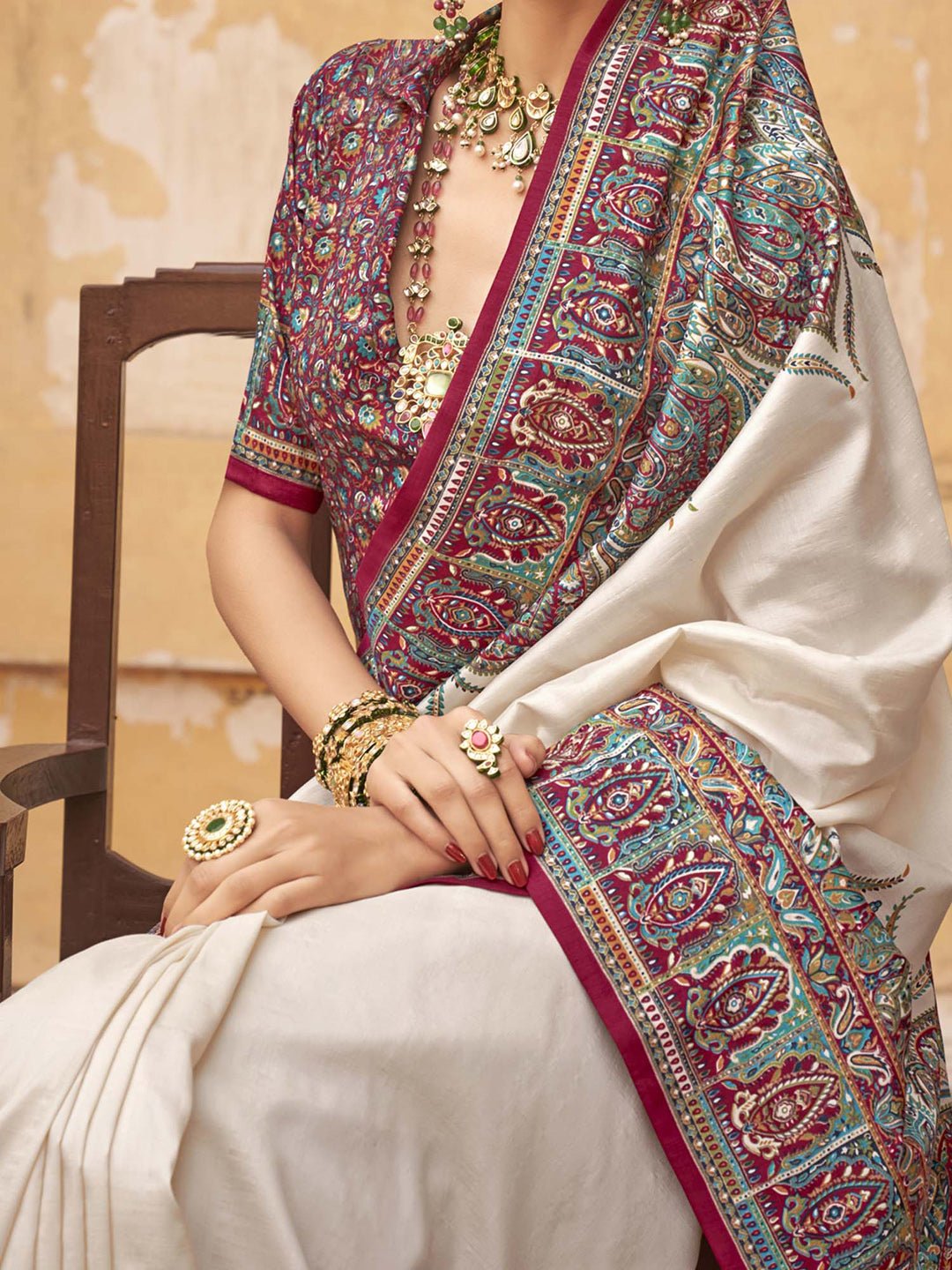 Silk Blend Off White Wedding Wear Saree - Ressa